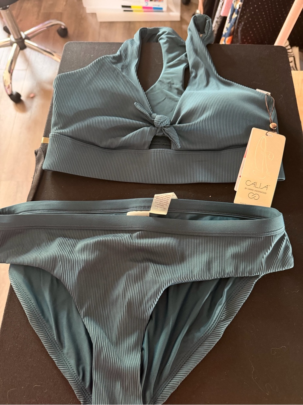 Alia Teal Ribbed Knot Front Bikini Set
